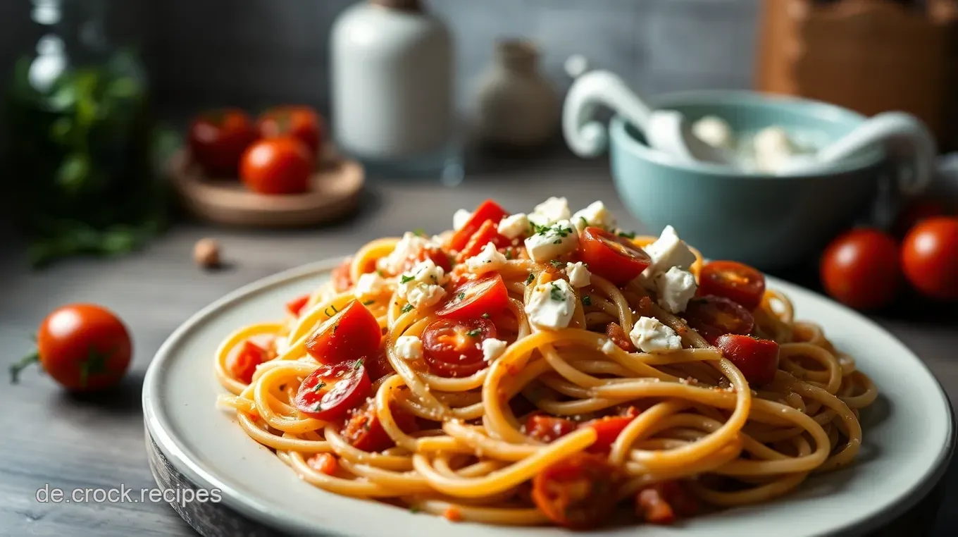Feta-Tomate-Nudeln – Einfaches Rezept für ein schnelles Abendessen Feta-Tomate-Nudeln – Ein einfaches herzhaftes Pasta-Gericht