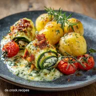 Feta Zucchini P&auml;ckchen mit Backkartoffeln und Toma: Knuspriger Feierabend-Genuss