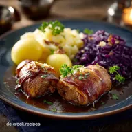 Hackfleischrouladen mit Kartoffelmus und Rotkohl Deutsche Hausmannskost