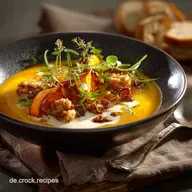 K&uuml;rbiscremesuppe mit Hack und ger&ouml;stetem K&uuml;rbis: Das herzhafte Herbstgericht