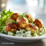 ReisB&auml;llchen und Gurkensalat: Knusprige B&auml;llchen, cremiger Salat