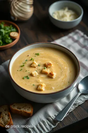 Cremige Blumenkohlsuppe mit Muskatnuss und Croutons presentation
