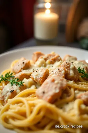Cremiges Hähnchen Alfredo über Pasta presentation