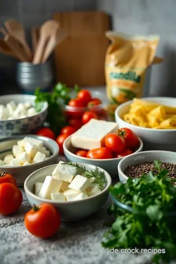 Feta-Tomate-Nudeln – Ein einfaches herzhaftes Pasta-Gericht ingredients