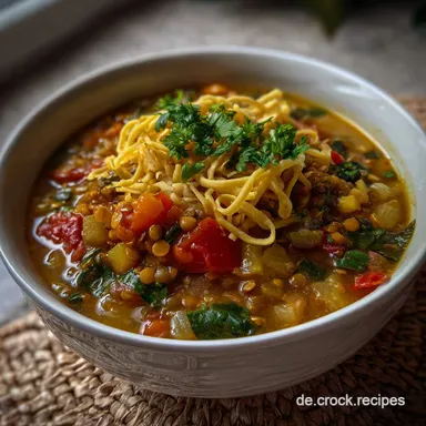 Bunte Gem&uuml;sesuppe mit roten Linsen und Nudeln Rezeptkarte