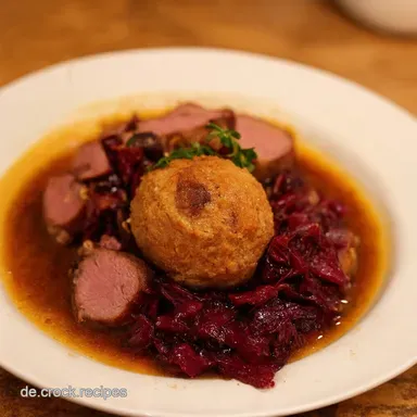 Sonntagsessen wie bei Oma Schweinebraten mit Kn&ouml;del Rotkohl Rezeptkarte