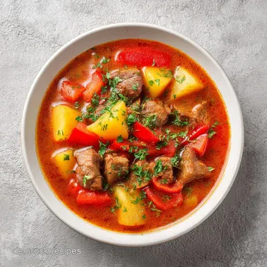 Gulaschsuppe mit Kartoffeln und Paprika f&uuml;r 10 Personen Rezeptkarte