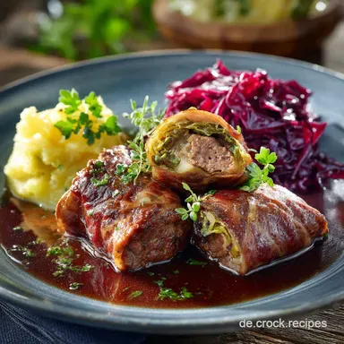 Hackfleischrouladen mit Kartoffelmus und Rotkohl Deutsche Hausmannskost Rezeptkarte