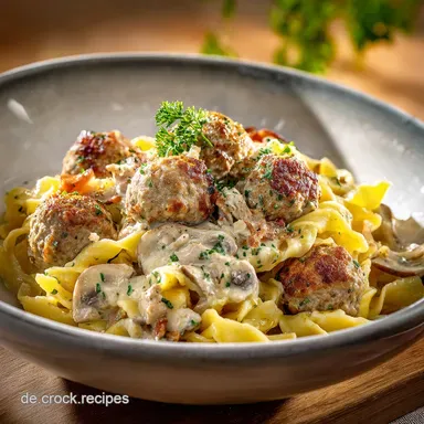 FeierabendHit Pasta mit Rahmso&szlig;e und Hackb&auml;llchen In 50 Min auf dem Tisch Rezeptkarte