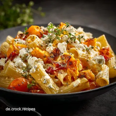 Cremige Pasta vom Blech mit OfenK&uuml;rbis und Feta HerbstHit Rezeptkarte