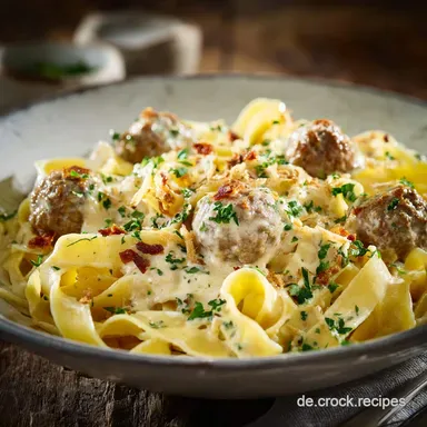 Pasta mit Rahmso&szlig;e und Hackb&auml;llchen Saftig cremig fertig in 50 Min Rezeptkarte