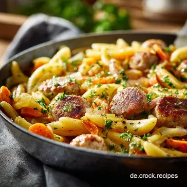 Schupfnudelpfanne mit Bratwurstkl&ouml;&szlig;chen und Gem&uuml;se: Deftiges One Pan Rezept Rezeptkarte