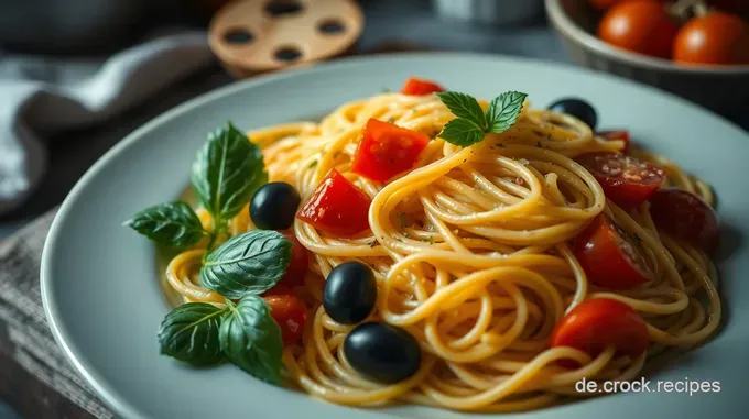 Erfrischender Spaghettisalat mit buntem Gemüse und würzigen Kräutern