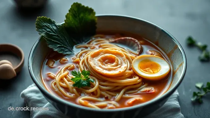 Herzhafte Ramen Schüssel mit aromatischer Brühe und buntem Topping