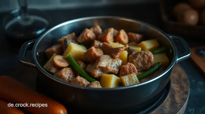 Klassischer Ofenmeister-Schmortopf mit Gemüse und saftigem Fleisch