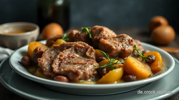 Zart geschmorter Schmorbraten mit Wurzelgemüse und Rotwein