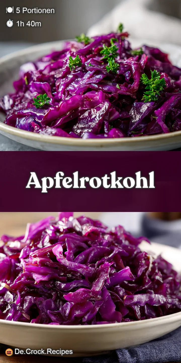 Close-up of braised red cabbage showing tender shreds, rich crimson colors, and a subtle, glossy sheen from slow cooking i...