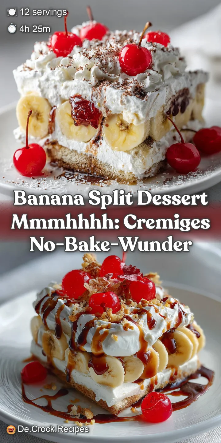 Close-up of a banana split, showcasing the creamy ice cream melting, a glistening drizzle of chocolate sauce, and vibrant ...