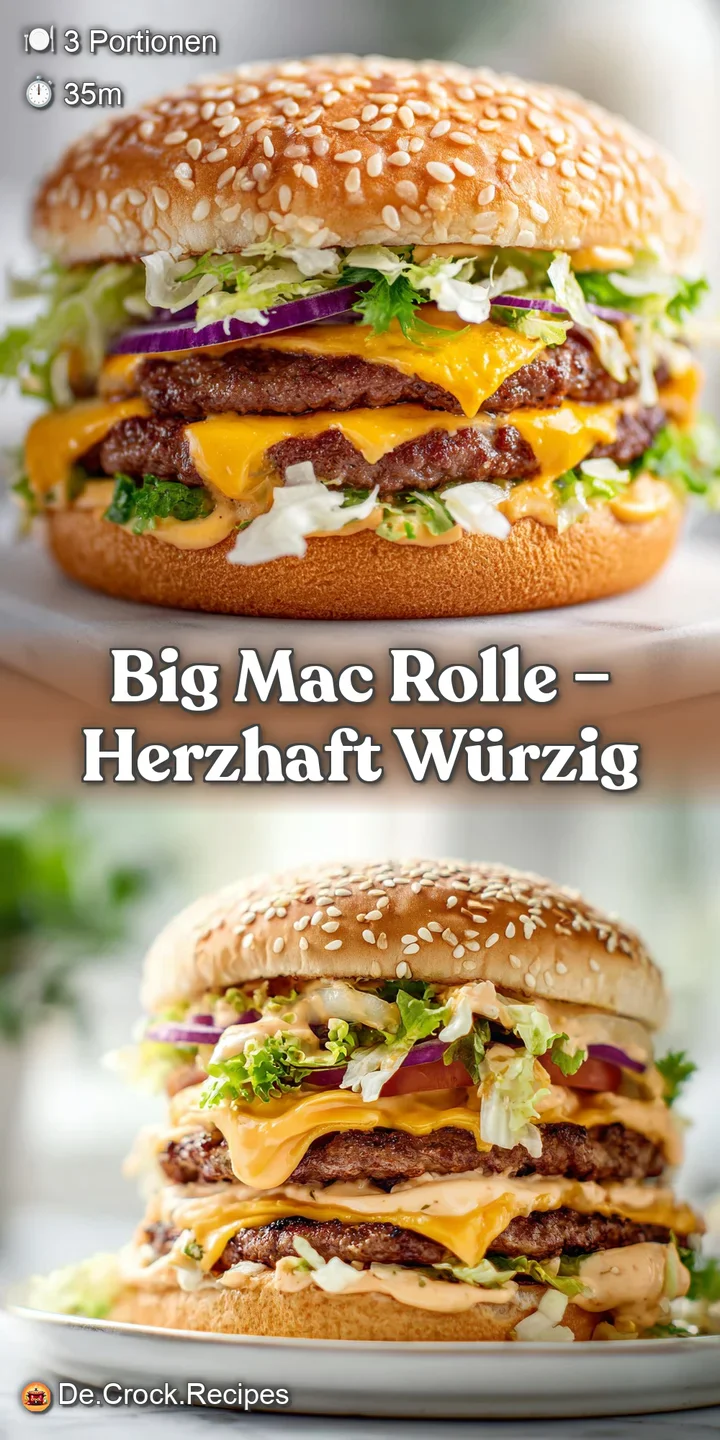 Close-up on a juicy Big Mac Rolle slice, highlighting the textured ground beef, creamy melted cheese, and tangy signature ...