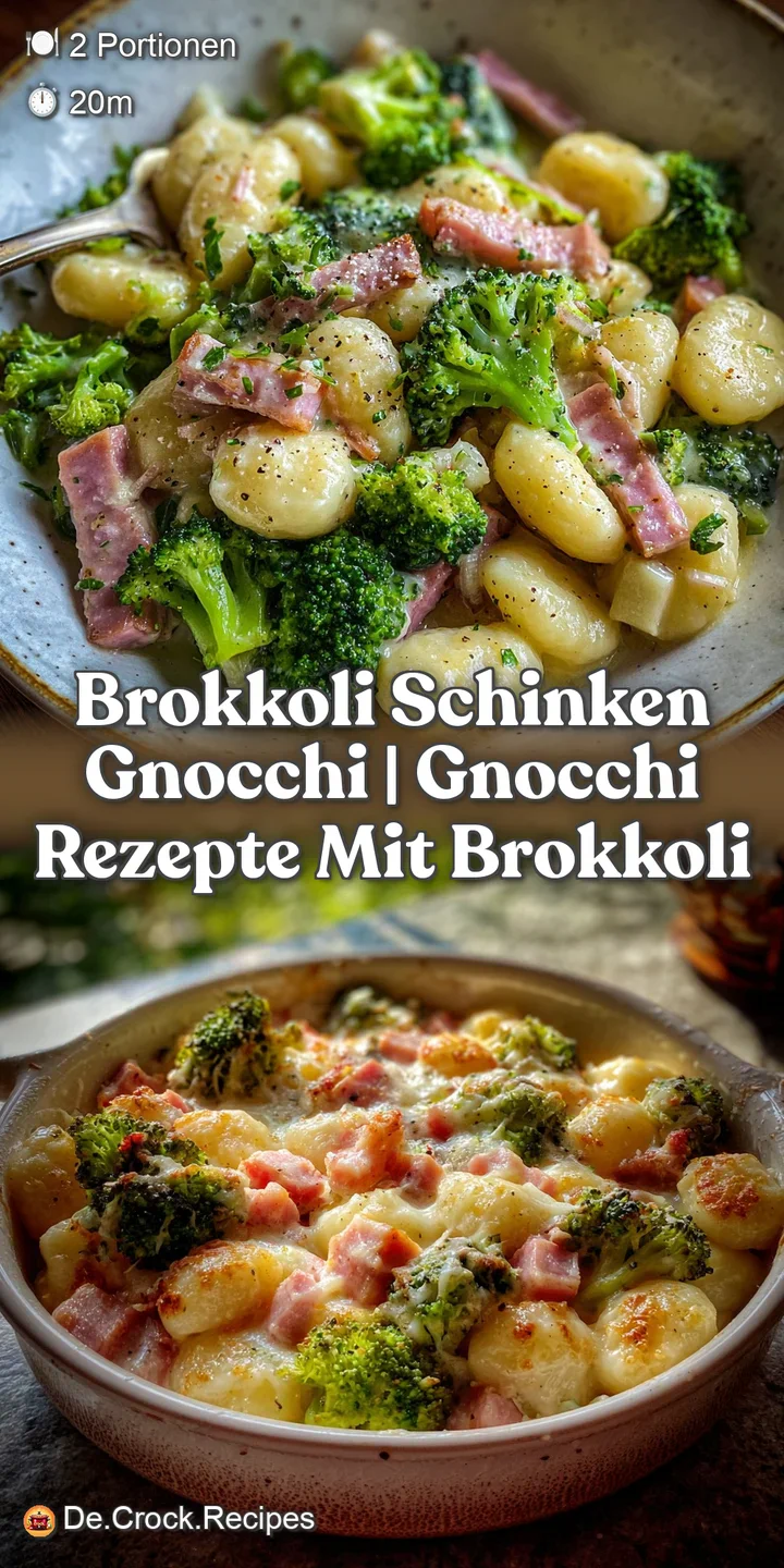 Close-up of bubbling, cheesy gnocchi with chunks of ham and tender broccoli, showcasing a creamy sauce and inviting textures.