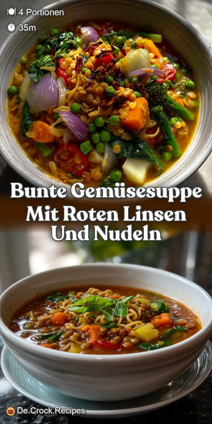 Close-up of a steaming spoonful of soup, revealing soft noodles and tender vegetables, the broth's red lentil base glisten...