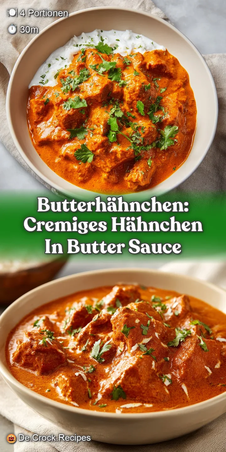 Close-up of creamy butter chicken showing succulent chicken pieces and rich sauce. Aromatic and richly colored, fresh herb...
