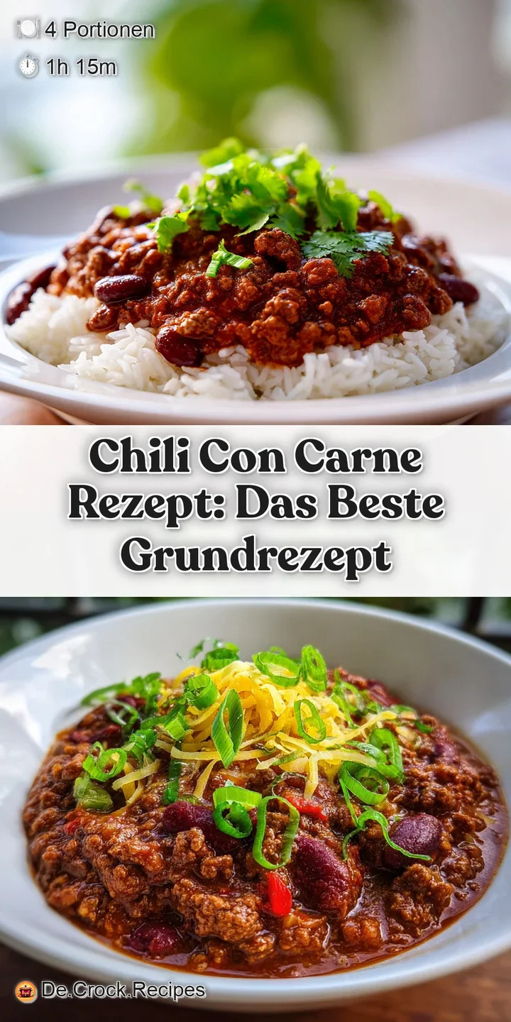 Close-up shows rich, thick chili con carne with visible spices and flecks of green pepper, highlighting the flavorful text...