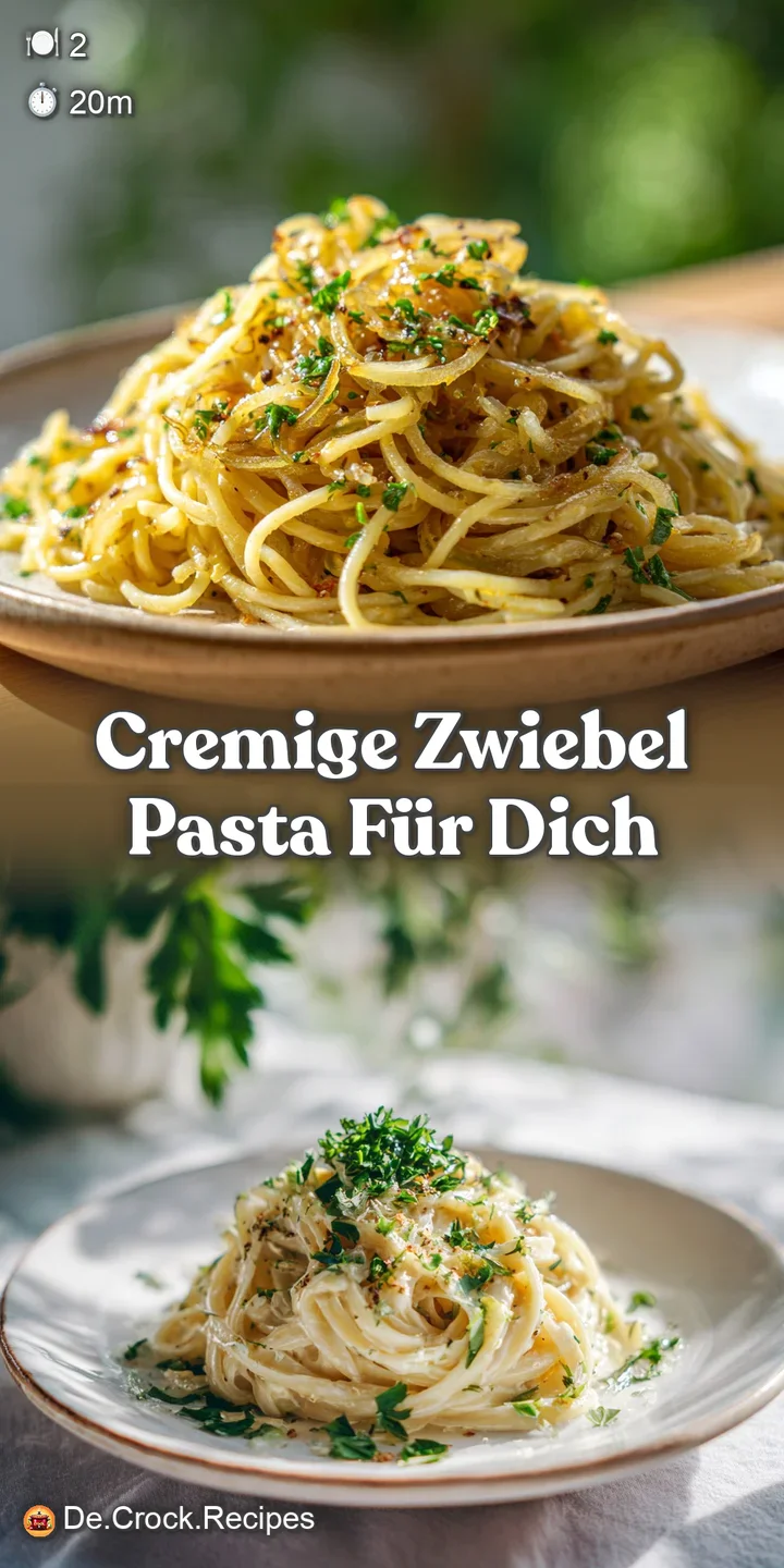 Close-up reveals the creamy, glistening texture of onion pasta, dotted with herbs and melted parmesan. Utensils frame the ...