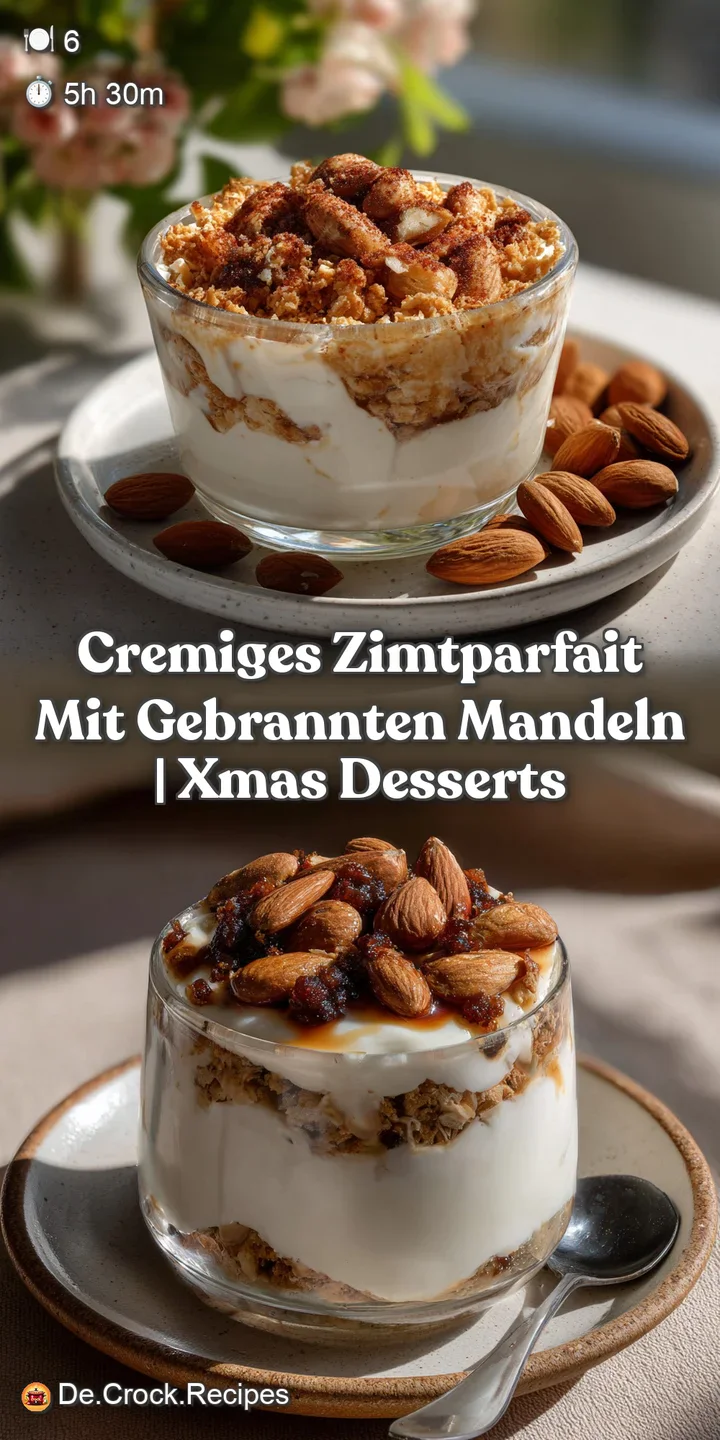 Close-up of a spoonful of creamy cinnamon parfait with crunchy, caramelized almonds, a warm, inviting treat.