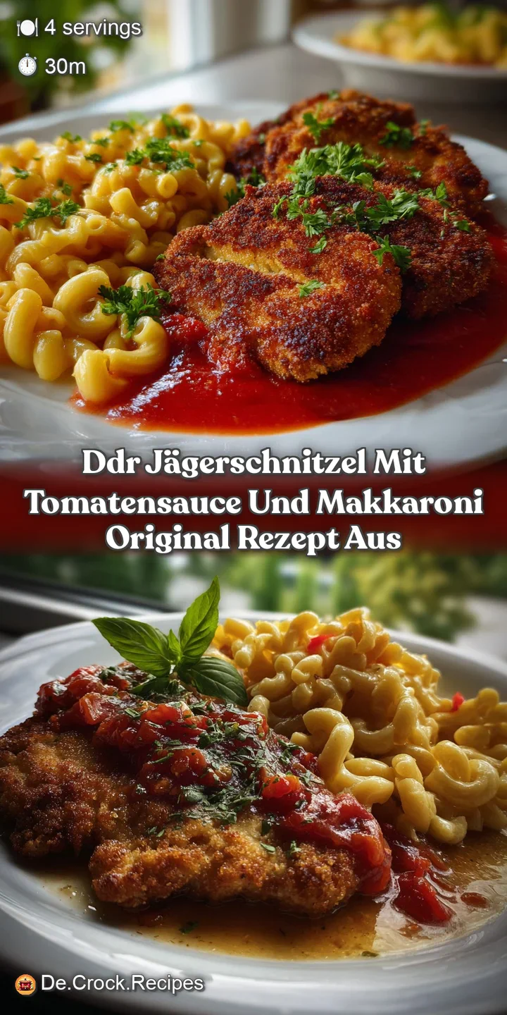 Close-up of a tender, breaded cutlet with a juicy interior, coated in a bright tomato sauce. Macaroni visible, evoking a w...