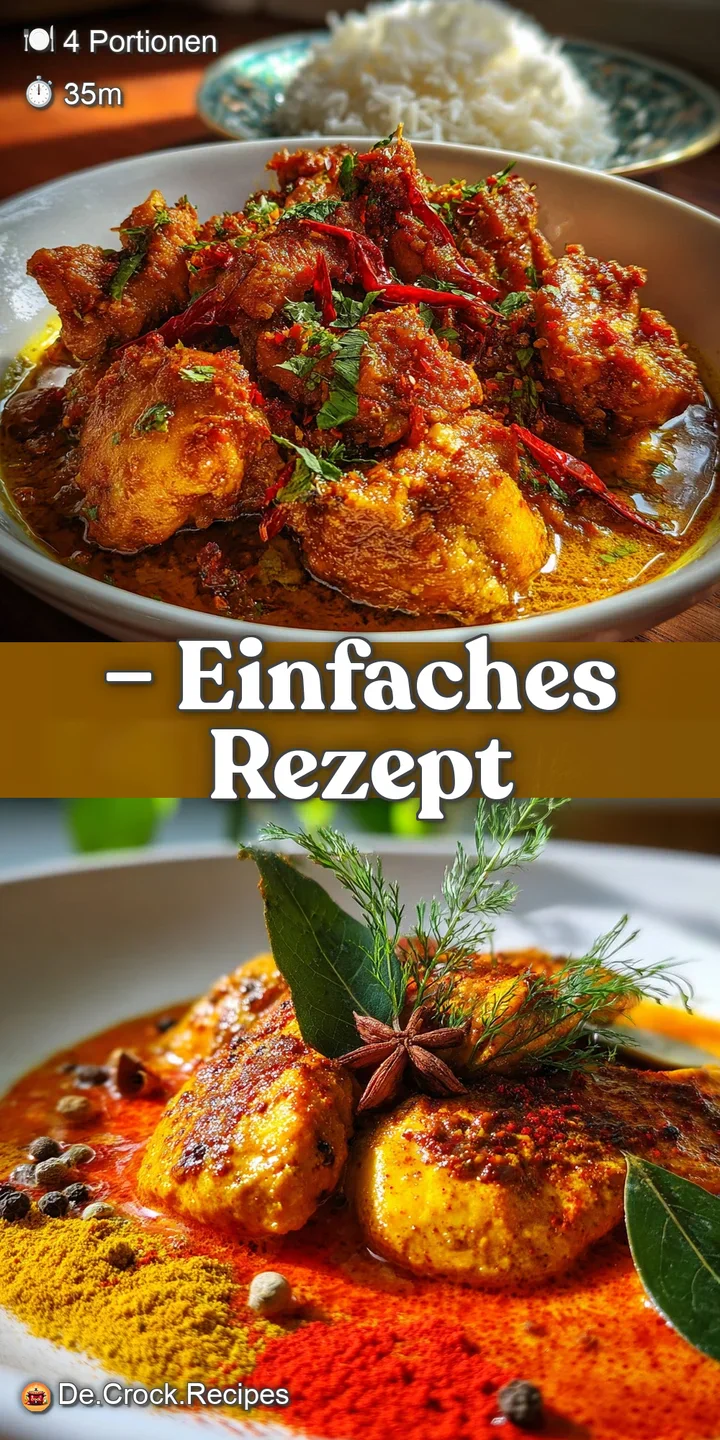 Close-up of tender chicken pieces coated in a deeply colored, glistening garam masala curry, hinting at warmth & spice.