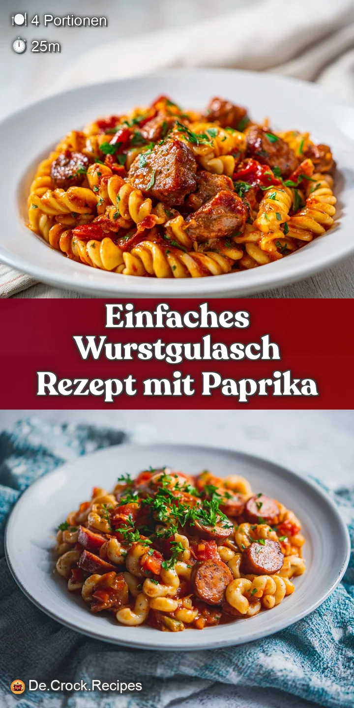 Close-up of wurstgulasch reveals juicy sausage, tender potatoes bathed in a deeply colored, subtly simmering sauce.