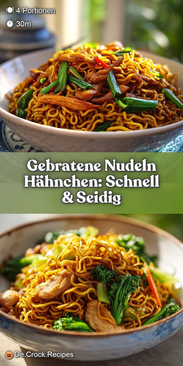 Close-up of glistening, savory fried noodles with juicy chicken pieces and crisp vegetables. Focus on the textures and vib...