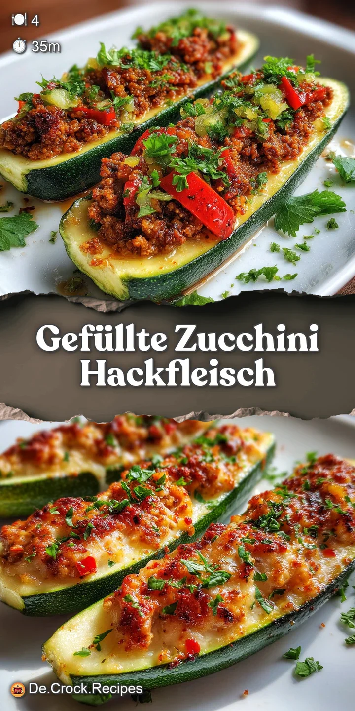 Close-up of a juicy, cheese-topped zucchini boat filled with seasoned ground meat, showing textural details.