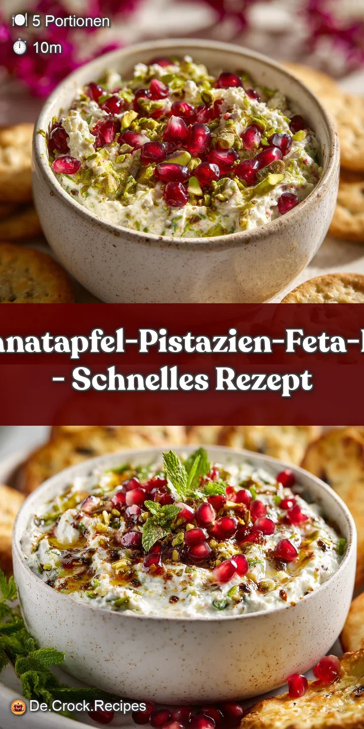 Close-up of a creamy white dip bursting with juicy pomegranate seeds, salty feta and bright green pistachios. Inviting and...