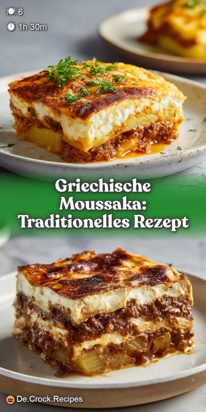 Close-up of moussaka: browned cheese crust with darker spots, hints of rich tomato sauce, and soft eggplant visible within...