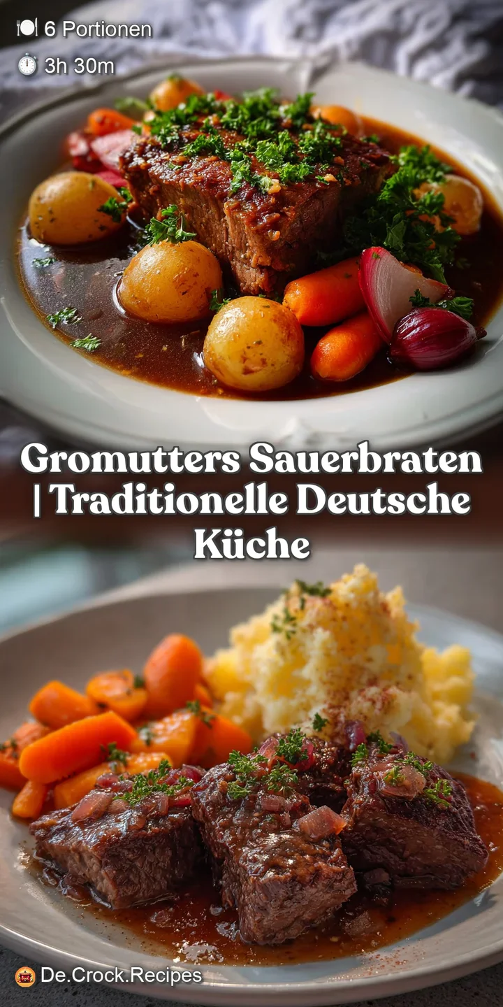 Close-up of sauerbraten, revealing a dark, flavorful crust and incredibly tender, moist interior. Rich gravy pools appeali...