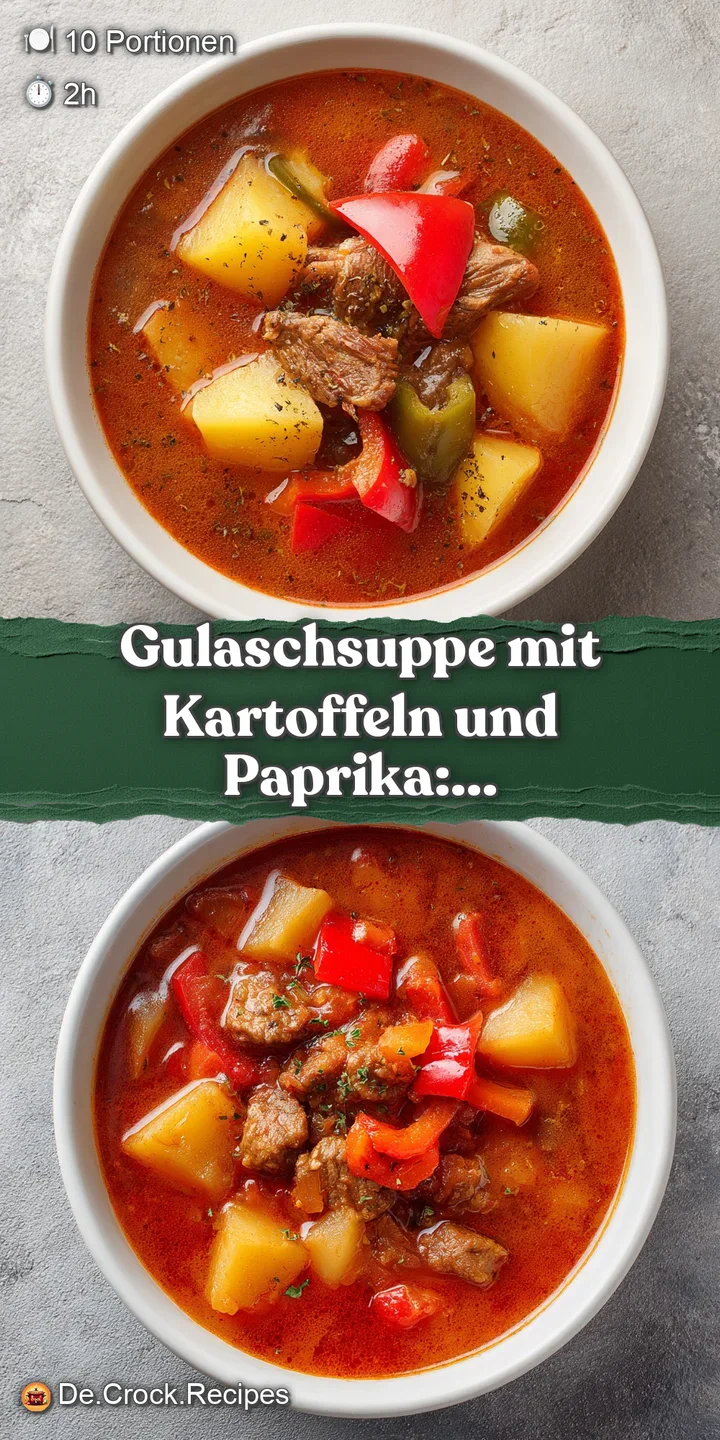 Close-up of hearty goulash: glistening beef, soft potatoes, and bright paprika simmer in a thick, flavorful broth. Aromati...
