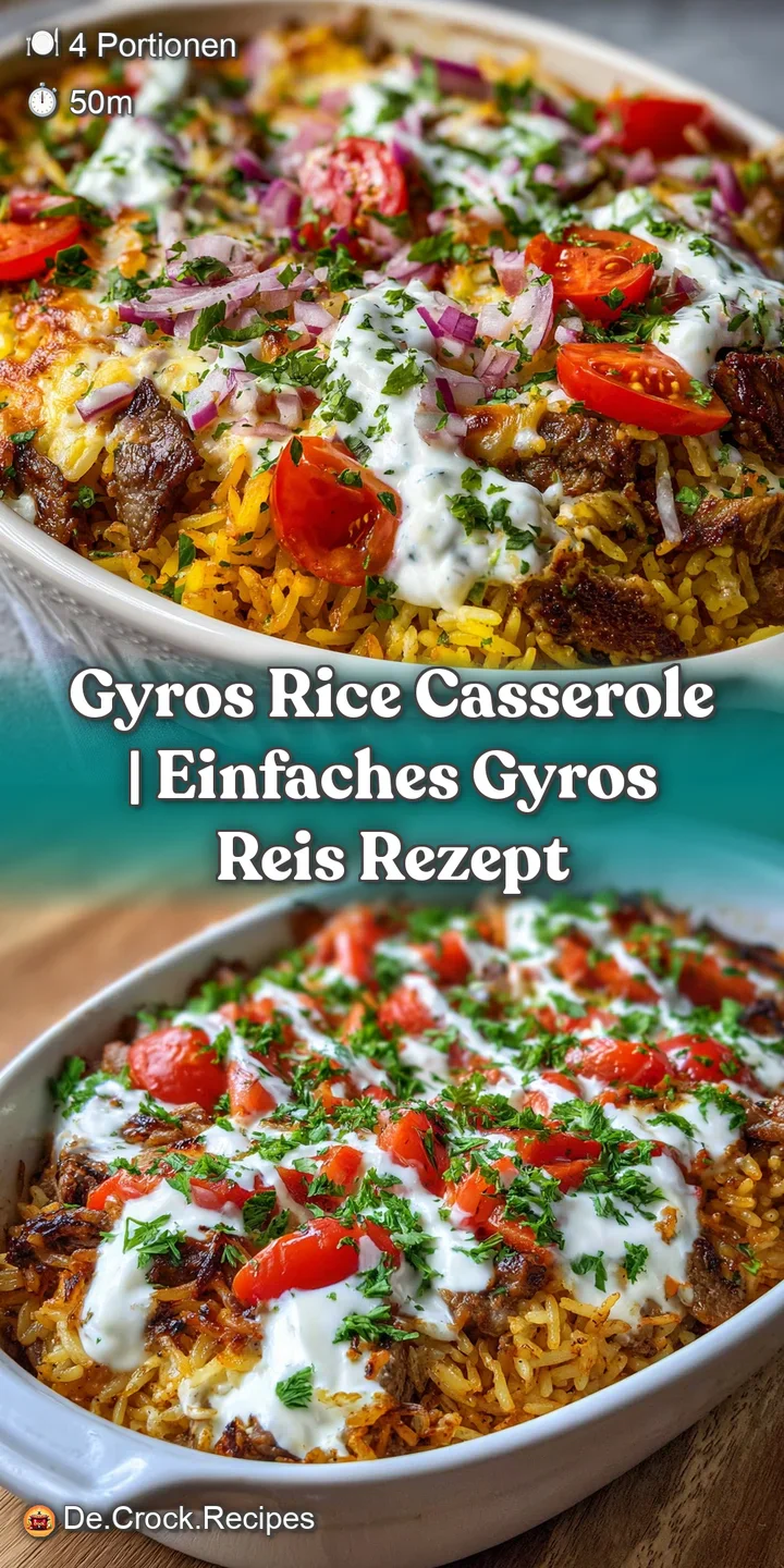 Close-up of creamy feta and gyro meat baked into rice. Hints of dill and parsley add brightness to this savory dish.