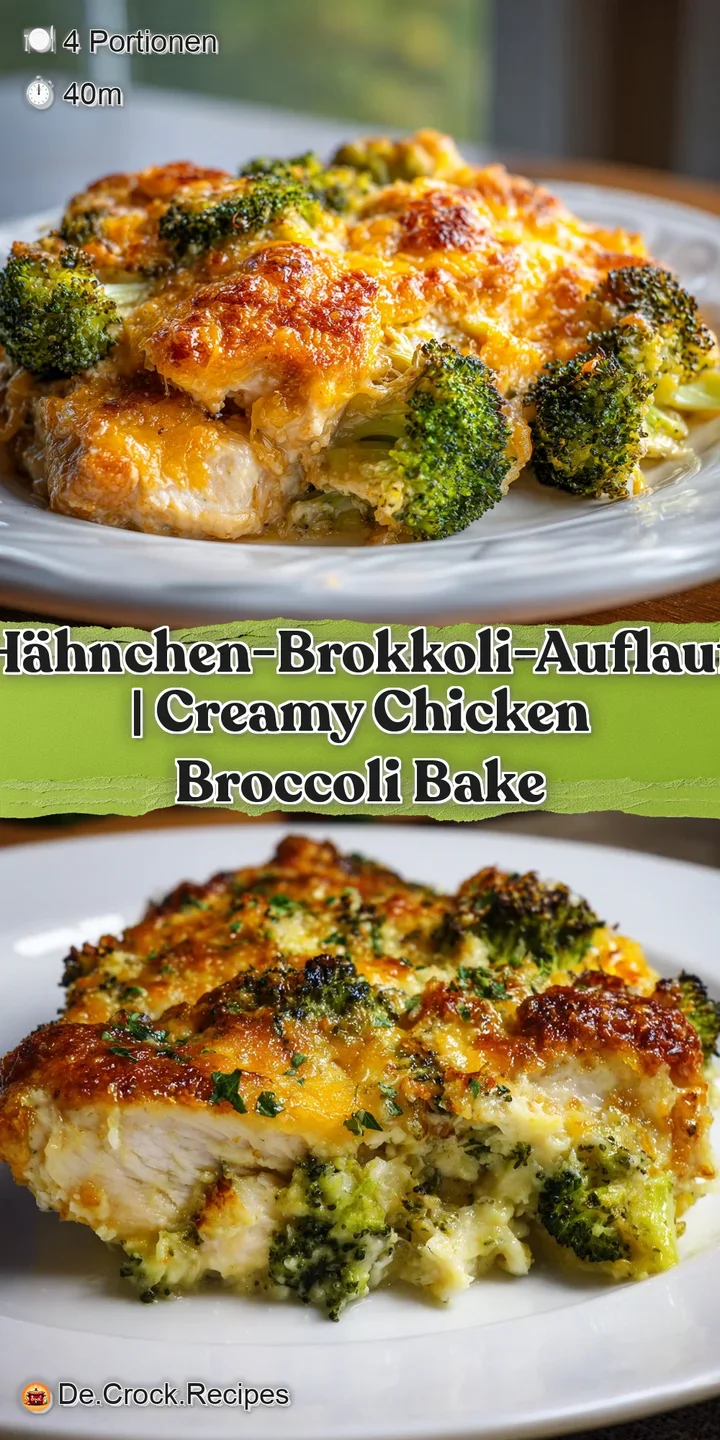 Close-up of a creamy, cheesy chicken and broccoli bake, showing the golden-brown crust and tender vegetables within.