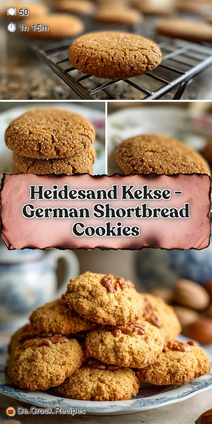 Close-up of a Heidesand cookie reveals a coarse, crumbly texture and a light golden hue. Sugar crystals catch the light, i...