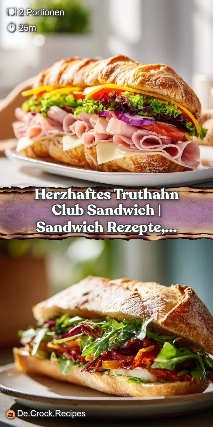 Close-up of toasted bread layers filled with sliced turkey, fresh greens, and a hint of bright red tomato.