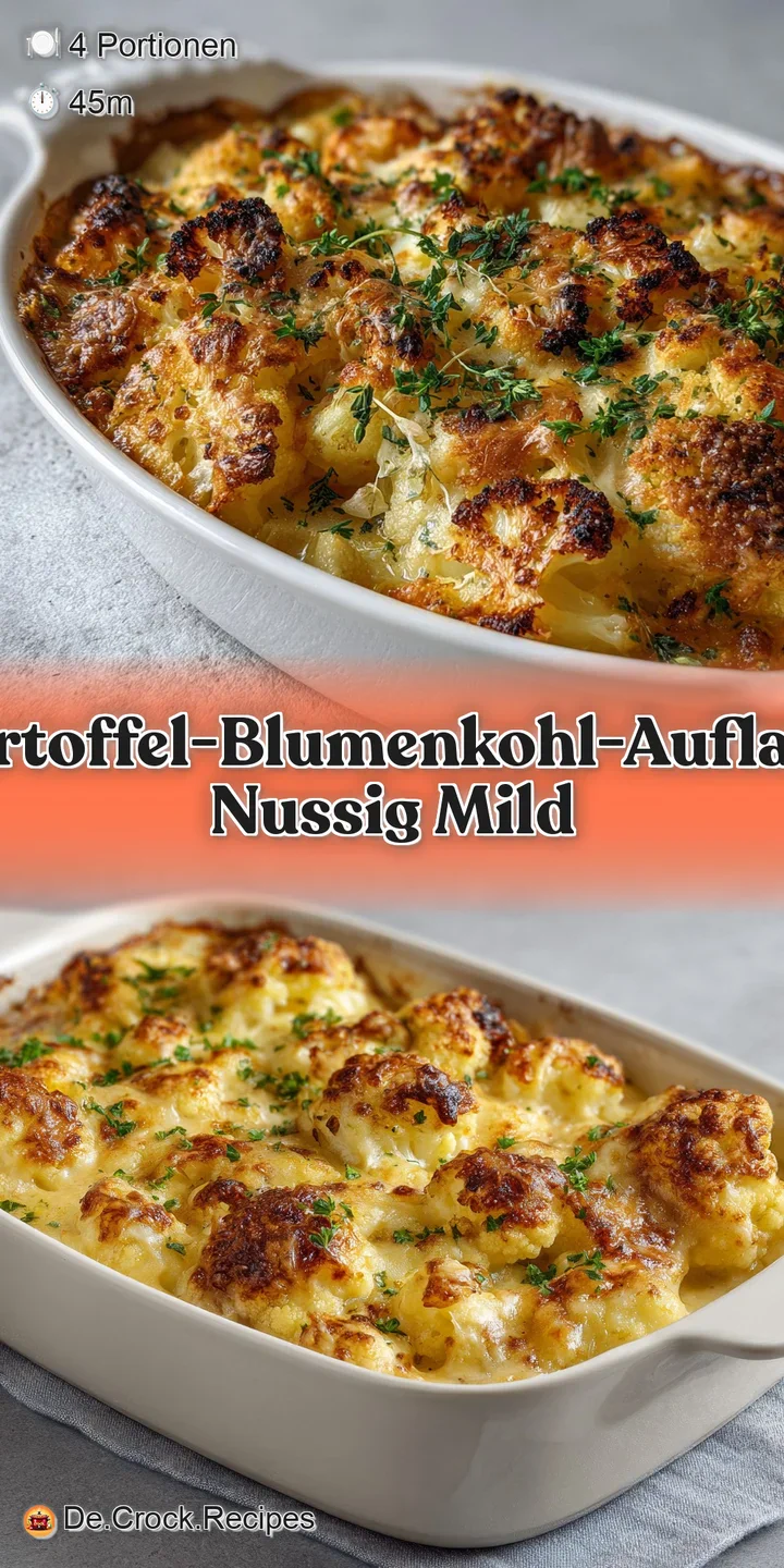 Close-up: Creamy potato and cauliflower bake with visible herbs, golden and bubbling hot, promising a comforting bite.