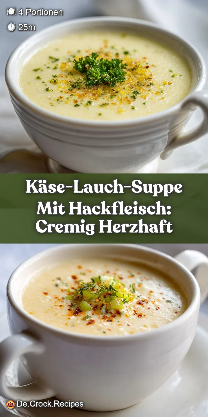 Close-up of creamy, bubbling cheese and leek soup with browned ground beef, flecked with fresh, chopped chives.