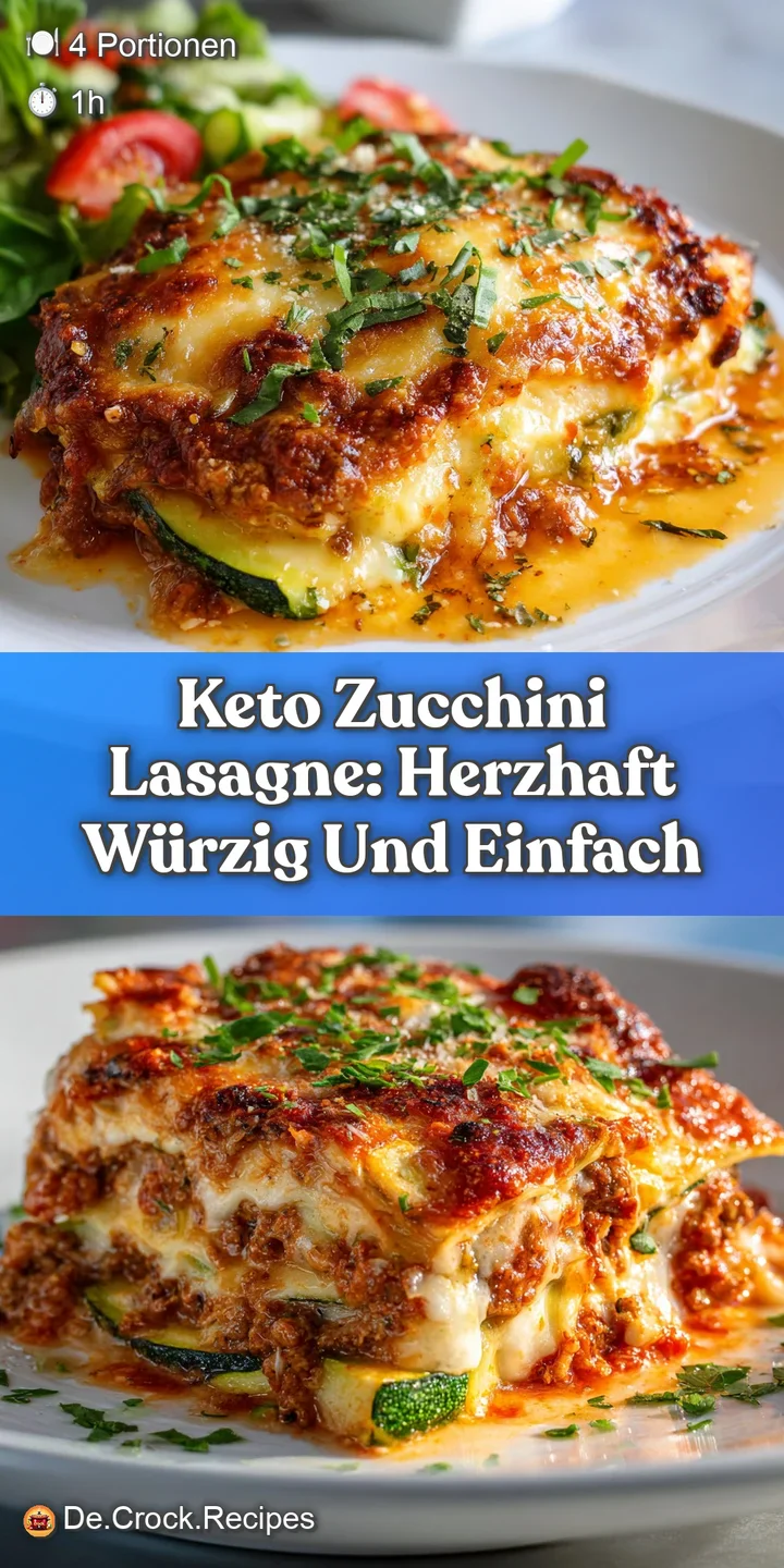 Close-up of Keto lasagna reveals layers of tender zucchini, bubbly, golden cheese, and flavorful tomato sauce with flecks ...