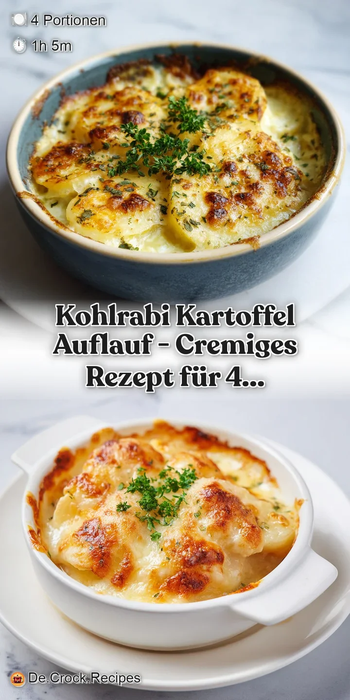 Close-up of bubbling kohlrabi and potato casserole, showing golden-brown crispy edges.