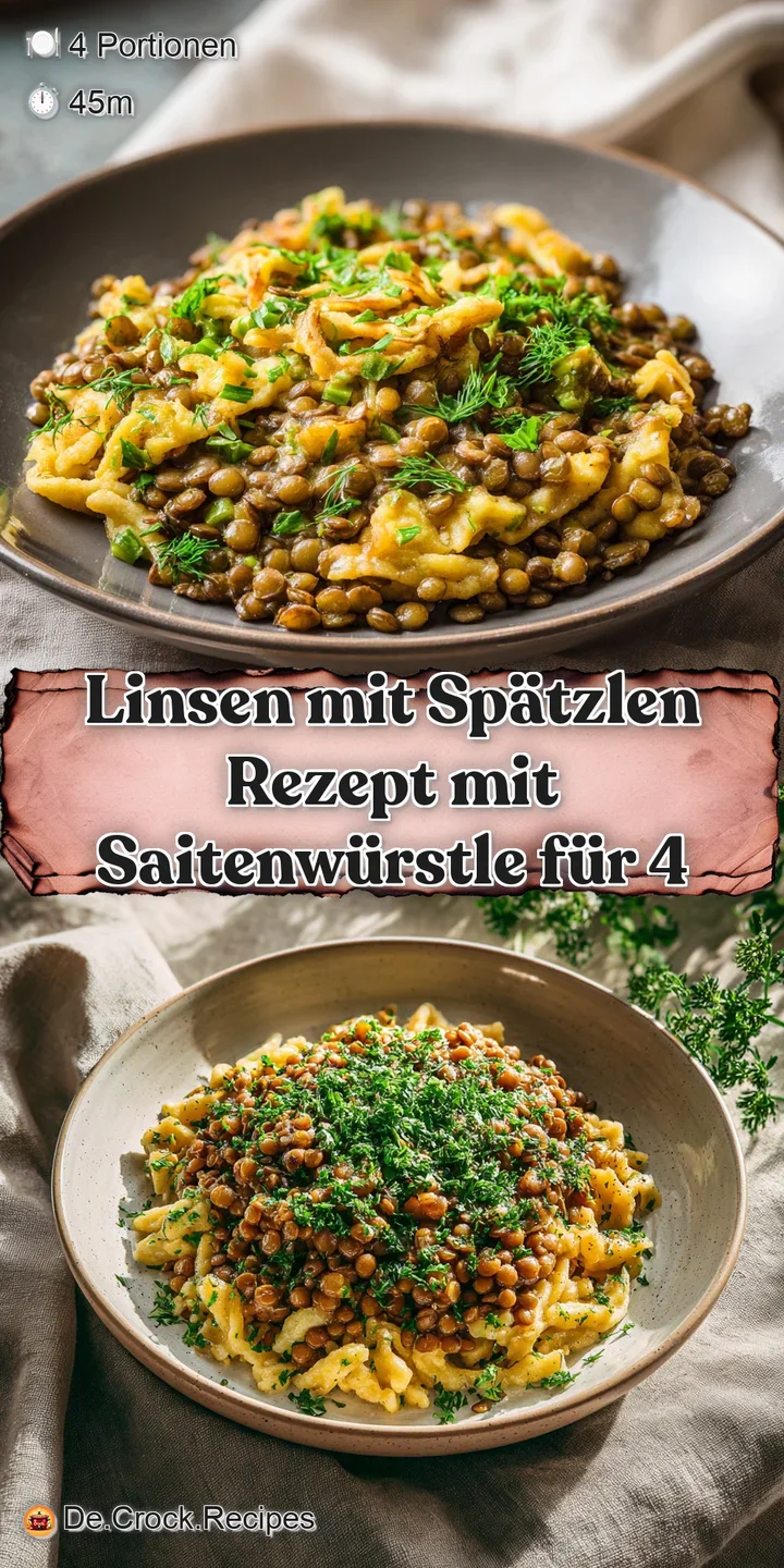 Close-up of rich, dark lentils clinging to tender Sp&auml;tzle, a hearty dish with visible steam, hinting at warmth and flavor.