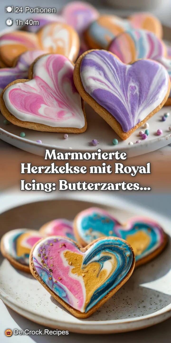 Close-up reveals the smooth, swirled dough of heart cookies, adorned with glossy white royal icing. Intricate details high...