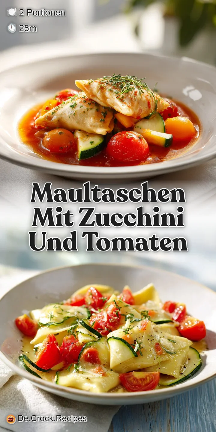 Close-up of crispy-edged maultaschen and tender zucchini slices, glistening with oil and flecked with herbs, inviting and ...