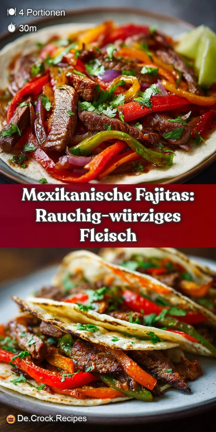 Close-up of glistening fajita meat sizzling amongst softened, bright peppers. Steam rises, hinting at the dish's delicious...